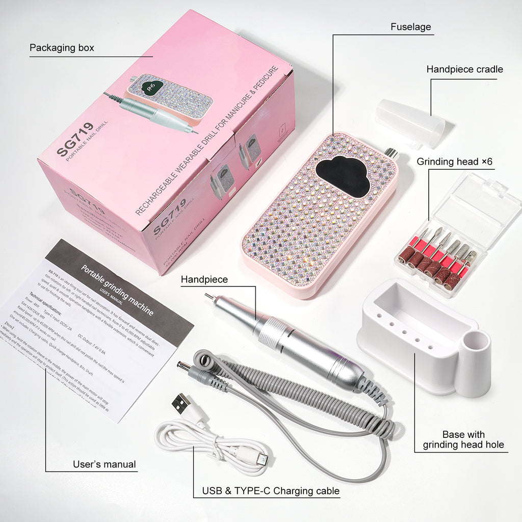 Professional Rechargeable Nail Drill Machine - 45000RPM Glitter Portable Cordless Nail Drill, Electric Nail File Kits With Bits & Base Easy Use E-File For Home & Salon Manicure Pedicure